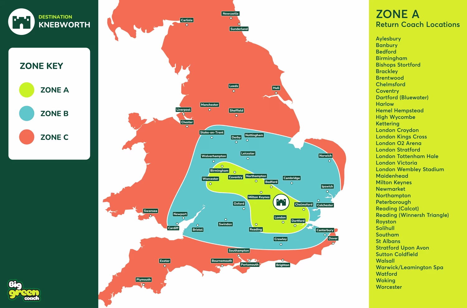 Zone A return coach locations map