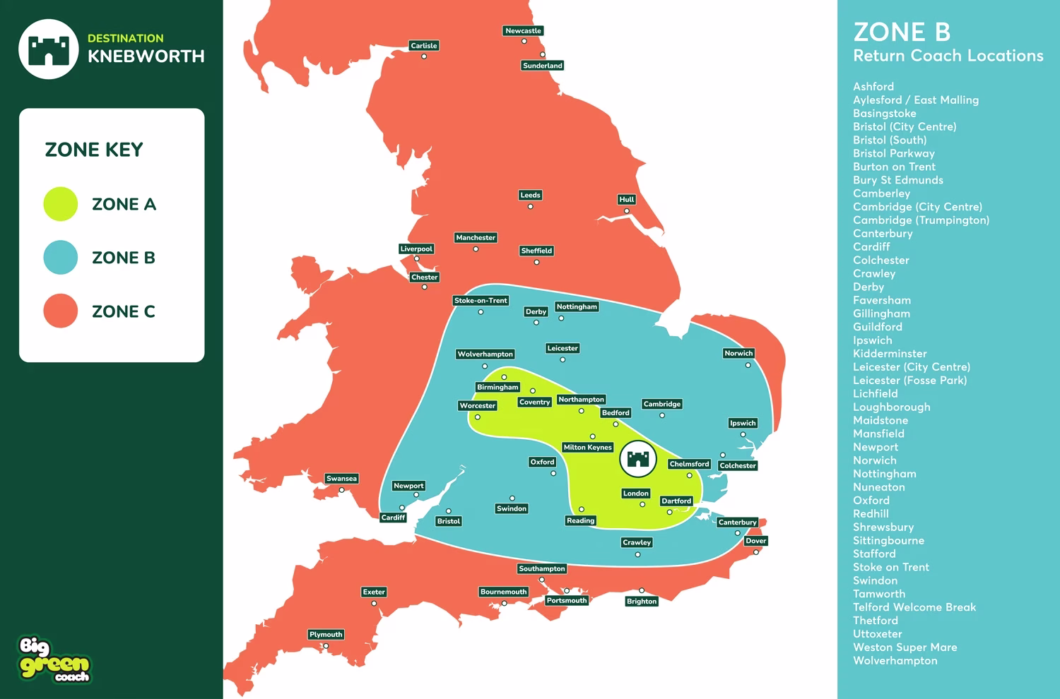 Zone B return coach locations map